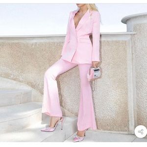 SLEEK SATIN PANEL DOUBLE BREASTED BLAZER FLARE PANT MATCHING SET - PINK